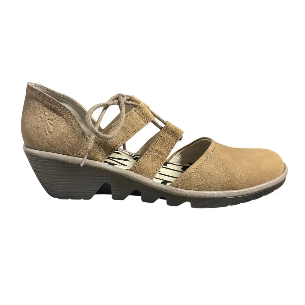 FLY London Beige/Tan Suede Lace-Up Low Wedge Heels: Size 9 / 40 - Picture 1 of 9